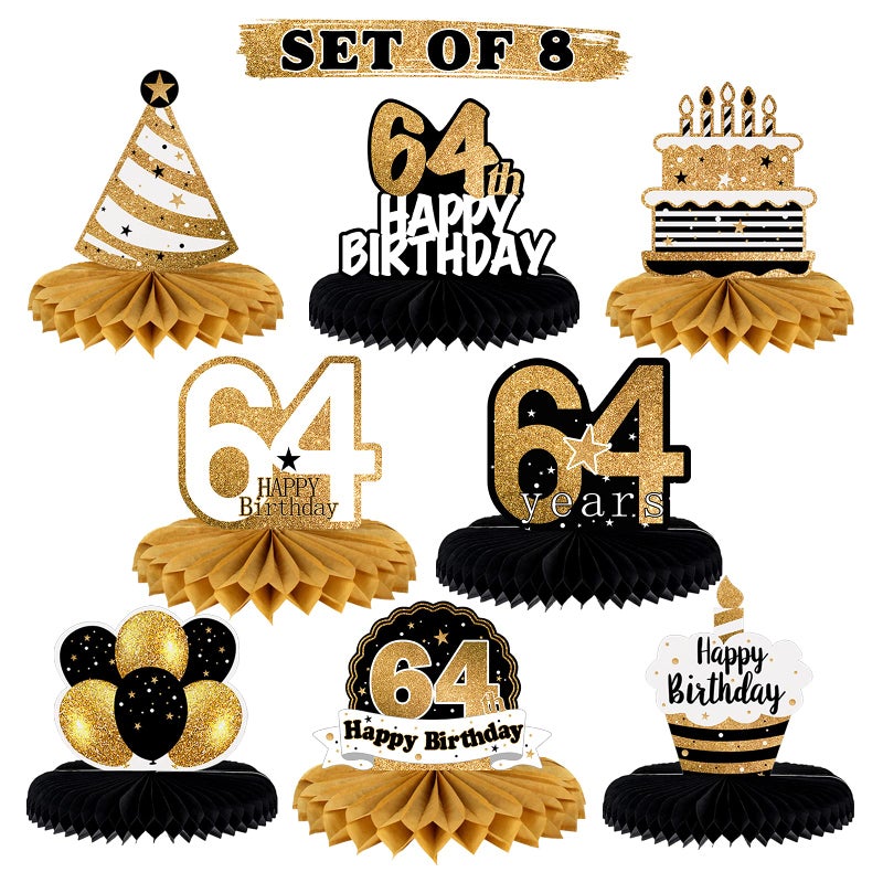 LINGTEER Happy 64th Birthday Table Honeycomb Centerpieces Cheers to 64th Birthday 64 Years Old Party Table Decorations Gift Sign. - Image 1